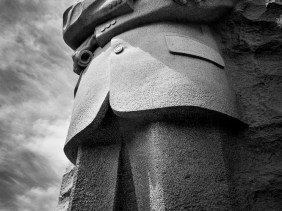 Looking slightly from the side and upwards from the ground to the top of the MLK Jr. Memorial.