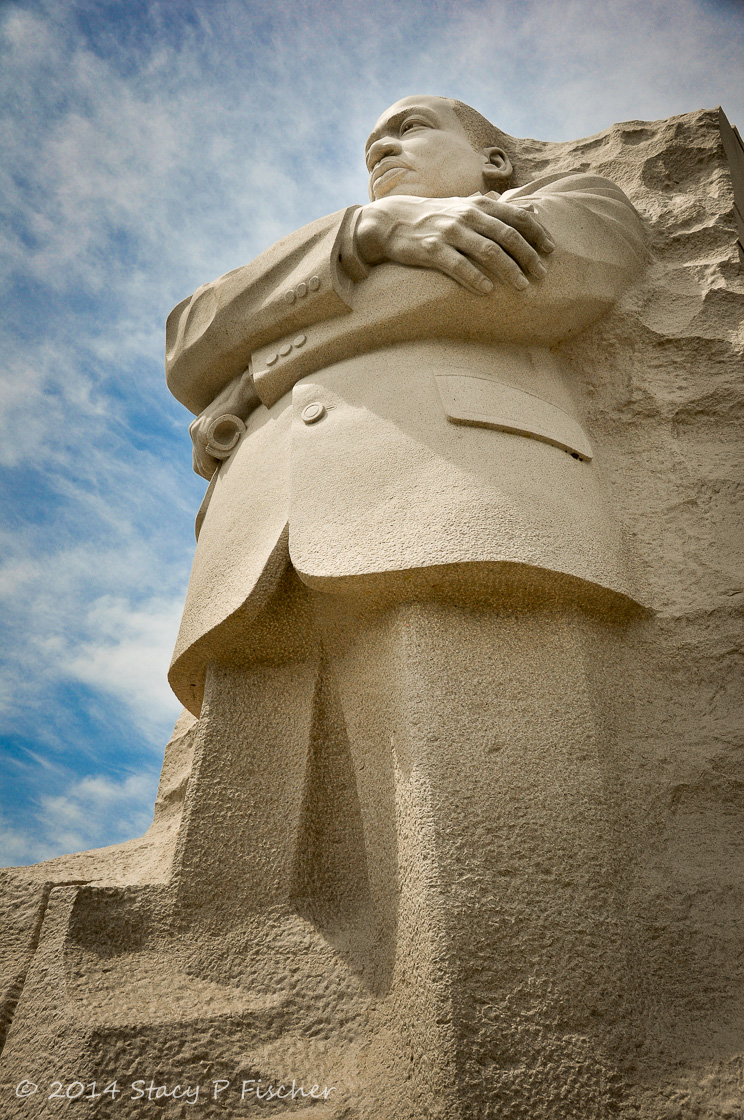 Looking slightly from the side and upwards from the ground to the top of the MLK Jr. Memorial.