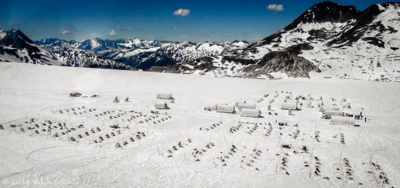 Musher's Camp; Photo: RFischer A view from the helicopter window of the musher's camp atop the Denver Glacier.