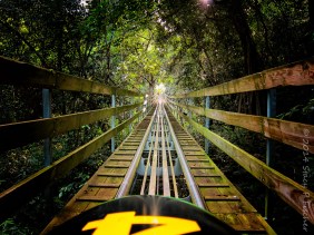 From a seat in the bobsled looking down the track to the upcoming hill.