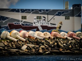 A row of ten weathered buoys on their sides in front of a mural of a tugboat on a waterfront building.