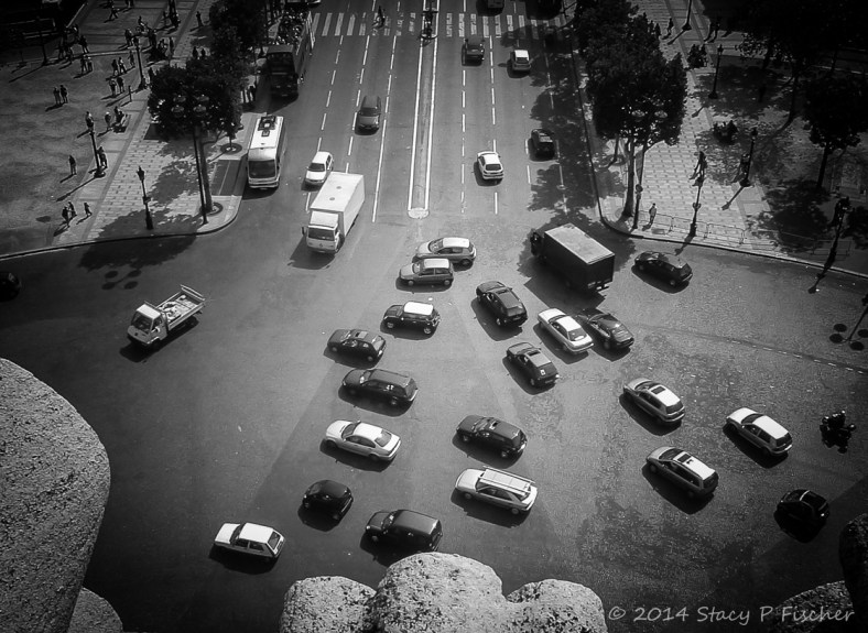 From atop the Arc de Triomphe, a view of the every-which-way-traffic in the roundabout adjacent to the Champs-Elysées.