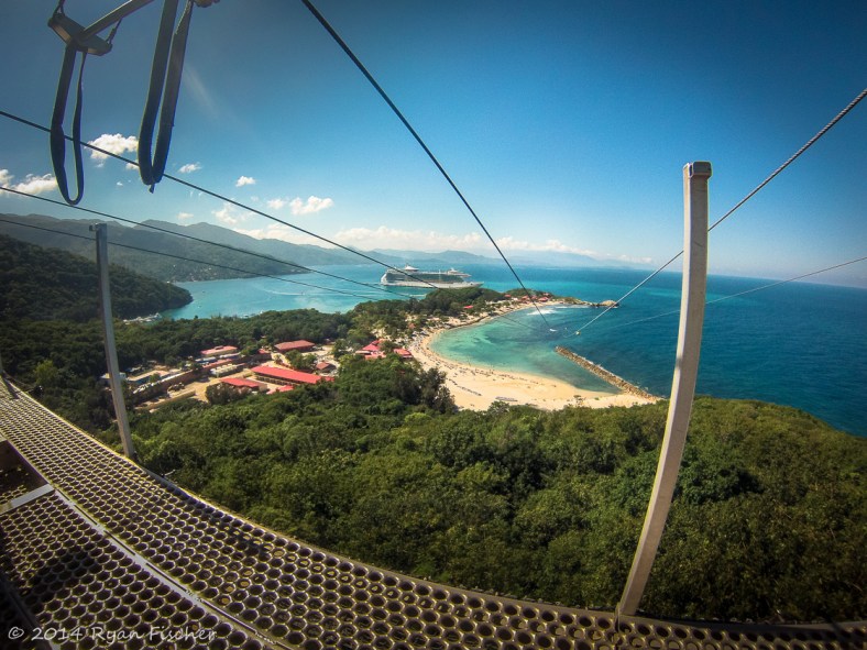 Looking from the platform of the zipline to the beach and cruise ship in the distance in Labadee, Haiti.