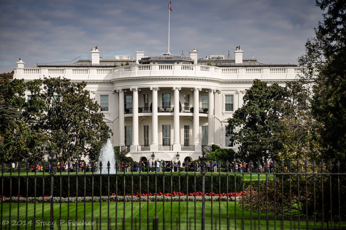 The White House and south lawn viewed through the fence.