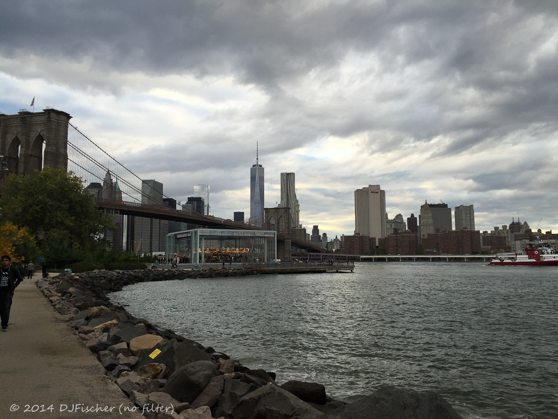 Unedited photo of Jane's Carousel in Brooklyn Bridge Park, backdropped by Brooklyn Bridge and One World Trade Center.