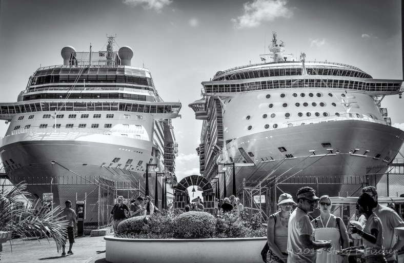 Cruise ships docked side by side in port.
