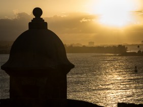 Silhouette of sentry box overlooking San Juan Bay