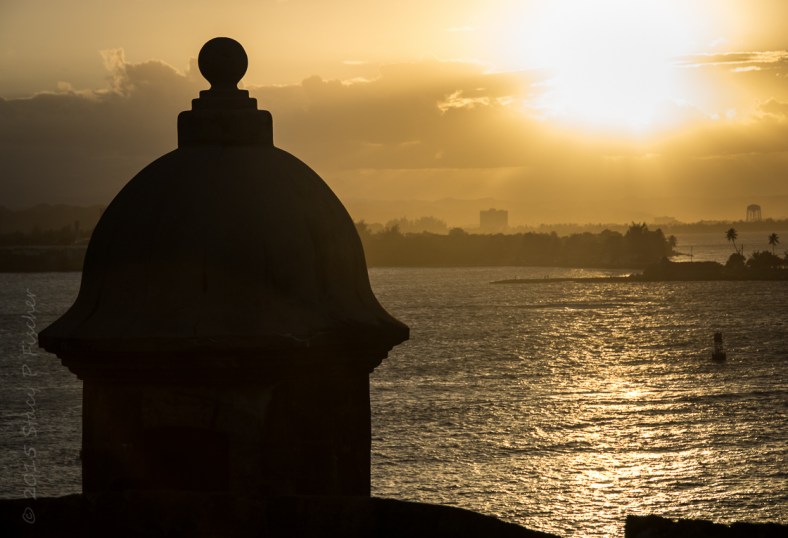 Silhouette of sentry box (garita) overlooking San Juan Harbor
