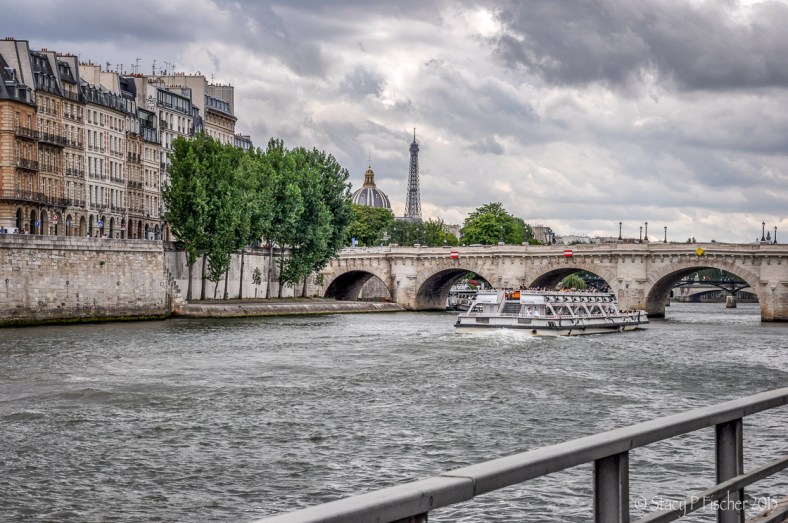 Bateaux Mouches sails toward Pont Neuf, the Eiffel Tower, and Institut de France.