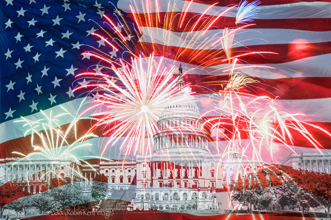 US Capitol against background of American flag and fireworks