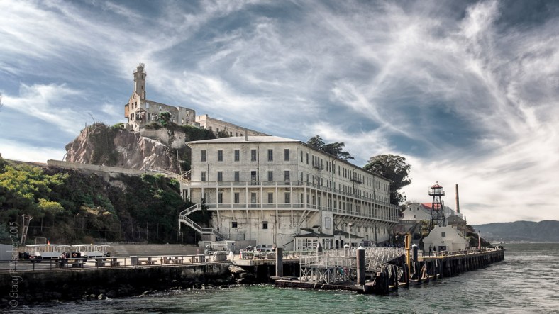 Alcatraz Dock and views of Building 64 and the lighthouse from Alcatraz Ferry