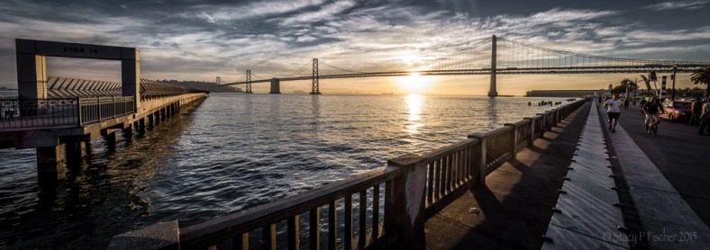 San Francisco Embarcadero Pier 14 sunrise with Oakland Bay Bridge, panorama