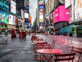 Setting up Times Square at dawn.