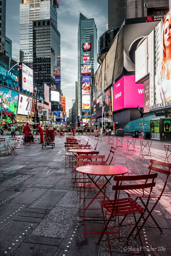 Tables being set up in Times Square, early morning.