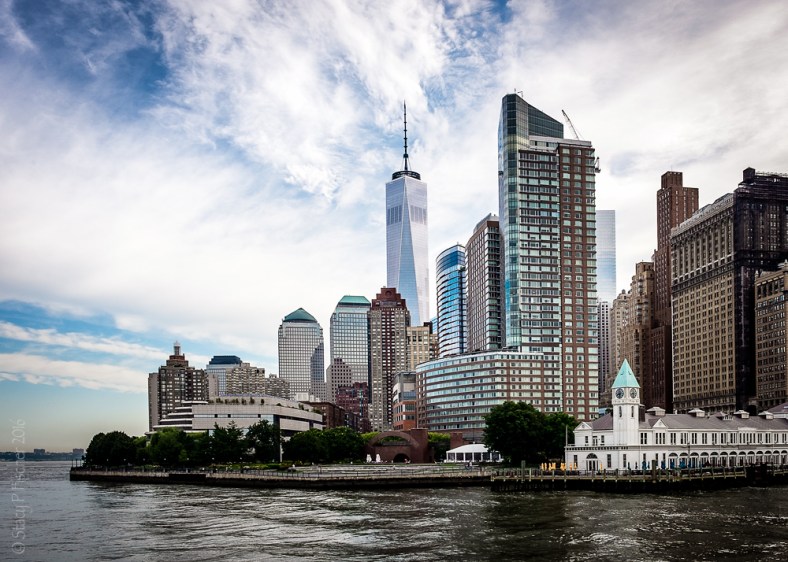 View of Freedom Tower from Statue Cruises boat south of Battery Park